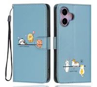 Aisenth Case for iPhone 16 Plus, Cute Bear, Cat, Panda, Duck, Koala Animal Cartoon Pattern PU Leather Wallet Flip Case Shockproof Magnetic Cover with Kickstand, Card Holder, Matte Blue