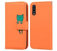 Aisenth Flip Case for Samsung Galaxy A70 Case with Card Holder - Slim Shockproof PU Leather Stand Magnetic Wallet Case for Women Protective Cover with Cute Cartoon Animal Frog Pattern, Orange