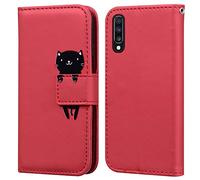 Aisenth Flip Case for Samsung Galaxy A70 Case with Card Holder - Slim Shockproof PU Leather Stand Magnetic Wallet Case for Women Protective Cover with Cute Cartoon Animal Cat Pattern, Red