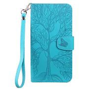Aisenth for iPhone 13 Pro Flip Case, The Tree of Life Embossed PU Leather Wallet Phone Folio Case Magnetic Protective Cover with Stand function, Card Slots + 1 Wrist Strap (Blue Green)