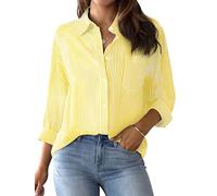 AISEW Womens Button Down Shirts Striped Classic Long Sleeve Collared Office Work Blouses Tops with Pocket, Yellow, XXL