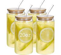 AISEY Glasses Drinking Set 20 oz, Glass Tumbler with Straw and Lid, Iced Coffee Cup Glass Cups with Lids and Straws, Drinking Glasses with Bamboo Lids and Straws, 4pcs Set