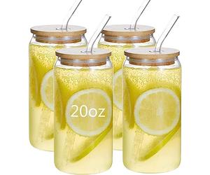 AISEY Glasses Drinking Set 20 oz, Glass Tumbler with Straw and Lid, Iced Coffee Cup Glass Cups with Lids and Straws, Drinking Glasses with Bamboo Lids and Straws, 4pcs Set