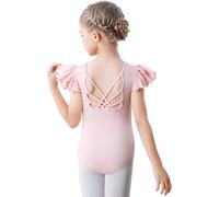 Aiseyi Ballet Leotard for Girls Ruffle Short Sleeve Dance Leotard Cotton Ballet Outfit with Cross Back for Toddler Kids Pink 9-10 Years