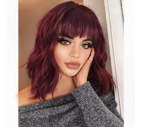 AISI HAIR Bob Curly Wig Synthetic Short Black Wig with Bangs Natural Looking Heat Resistant Hair (Wine Red)