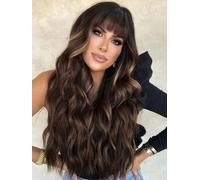 AISI QUEENS Brown Wig with Bangs for Women Long Wavy Hair Wig Brown Highlight Wig Curly Wavy Synthetic Wigs for Girls Daily Party Use