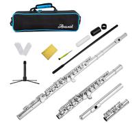 Aisiweier C Flutes Closed Hole C Flute Musical Instrument with Joint Grease,Cleaning Rod, Carrying Case, Stand, Gloves and Tuning Rod, 16 Key Student Flute Beginner Kids Flute, Nickel