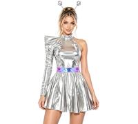 Aislor 2Pcs Shiny Dress Astronaut Costume for Women | Rave Outfits,2 Pieces Set,Alien Costume Set,70s 80s Rave Outfit,Space Cadet Party Dress Up,Mini Dress,Long Cap Sleeve