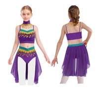 Aislor Belly Dance Costume for Girls Halloween Outfits Arabian Princess Dress Up Crop Top with Irregular Skirt Purple 9-10 Years