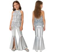 Aislor Big Girl's Sequins Leotard with Bell-Bottom Pants Jazz Dance Costume Disco Party Clothes 2PCS Hip Hop Dancewear Silver 11-12 Years