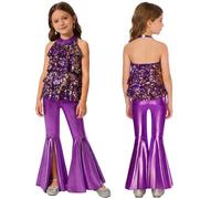 Aislor Big Girl's Sequins Leotard with Bell-Bottom Pants Jazz Dance Costume Disco Party Clothes 2PCS Hip Hop Dancewear Purple 13-14 Years