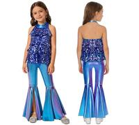 Aislor Big Girl's Sequins Leotard with Bell-Bottom Pants Jazz Dance Costume Disco Party Clothes 2PCS Hip Hop Dancewear Royal Blue 5-6 Years
