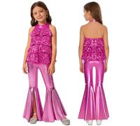 Aislor Big Girl's Sequins Leotard with Bell-Bottom Pants Jazz Dance Costume Disco Party Clothes 2PCS Hip Hop Dancewear Rose 9-10 Years