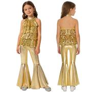 Aislor Big Girl's Sequins Leotard with Bell-Bottom Pants Jazz Dance Costume Disco Party Clothes 2PCS Hip Hop Dancewear Gold 5-6 Years