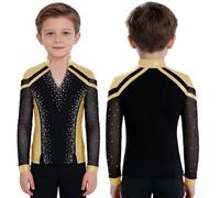 Aislor Boys Color Block Figure Skating Shirts V-Neck Latin Jazz Dance Tops Competition Costume Pullover Performance Gold 13-14 Years