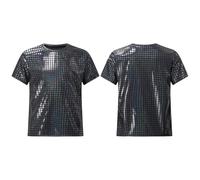 Aislor Children Boys Girls Glitter Blouse Short Sleeve Loose T-Shirt Dancewear Cheer Jazz Performance Shirt Black 9-10 Years