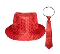 Aislor Fashion Sequin Fedora Hat and Tie Sparkle Fancy Dress Trilby Hat Fedora Dance Jazz Cap Red S