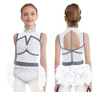 Aislor Feather Tulle Skirted Leotard for Girls Latin Jazz Stage Performance Costume Figure Skating Dress White 9-10 Years