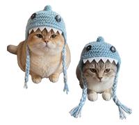 Aislor Funny Knitted Shark Hat For Cats Small Dogs With 3d Teeth Adjustable Cute Pet Costume For Party Photo Props Blue One Size