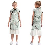 Aislor Girls Chinese Qipao Floral Print Embroidery Cheongsam Dress Vintage Traditional Costume Light Green 7-8 Years