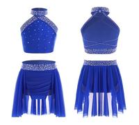 Aislor Girls Crop Top with Irregular Hem Skirts Lyrical Dance Dress 2 Piece Latin Jazz Dance Outfit Set Blue Dance Set 11-12 Years