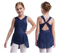 Aislor Girls Gymnastics Dancing Costume Lyrical Leotard with Wrap Skirt Ballerina Ballet Dance Dress Navy Blue 7-8 Years