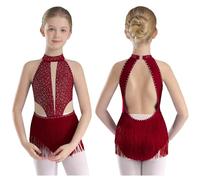 Aislor Girls Modern Jazz Fringed Bodysuit Tassel Hem Ballroom Costume Sequins Latin Dance Dress Leotard Burgundy 11-12 Years