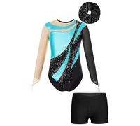 Aislor Girls Sparkly Dance Unitard Gymnastics Leotard Long Sleeve Bodysuits Athletic Tracksuit Ballet Suits Turquoise&Black B 11-12 Years