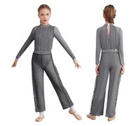 Aislor Girls Two Piece Latin Jazz Lyrical Dance Outfit Leotard with Wide-Leg Pants Figure Skating Costume Contemporary Grey 7-8 Years