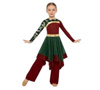Aislor Girl's Worship Dance Dress with Pants Set Liturgical Praise Dance Outfits Tunic Church Robe Lyrical Costume Burgundy Army Green 11-12 Years