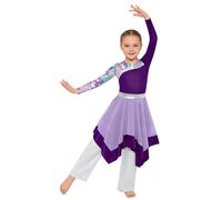 Aislor Girl's Worship Dance Dress with Pants Set Liturgical Praise Dance Outfits Tunic Church Robe Lyrical Costume Purple White 13-14 Years