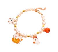 Aislor Halloween Cat Collar With Bell Adjustable Faux Pearl Dog Collar With Pumpkin Ghost Bat Pendant Kitten Accessories Orange M