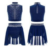 Aislor Kids Girls 2-Piece Crop Top with Irregular Hem Skirts Lyrical Dance Costume Ballet Dance Outfits Navy Blue 9-10 Years