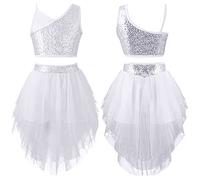 Aislor Kids Girls Crop Top with Skirt Sequins Dance Set Modern Jazz Latin Tango Gymnastics Dancewear White 12 Years