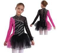 Aislor Kids Girls Figure Ice Skating Dress Gymnastics Tutu Skirted Leotard Sparkling Performance Uniform Black Hot Pink 7-8 Years