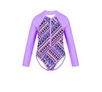 Aislor Kids Girls Palm Printed One Piece Swimsuit Sun Protection Rash Guard Swimwear Long Sleeves Beachwear Purple 5-6 Years