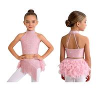 Aislor Kids Girls Tassel Tango Latin Dance Dress Crop Top and Feather Briefs Skirt Rumba Samba Performance Costume Pink 5-6 Years
