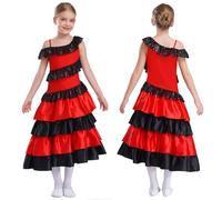 Aislor Kids Girls Tiered Ruffled Maxi Dance Skirt Belly Costume Spanish Flamenco Dress for Performance Red 11-12 Years