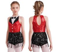 Aislor Little Girls Latin Jazz Salsa Samba Dance Costume Sparkly Ballet Leotards Tutu Dress Tassel Mini Dresses Red 9-10 Years