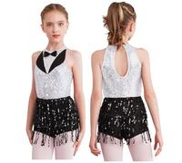 Aislor Little Girls Latin Jazz Salsa Samba Dance Costume Sparkly Ballet Leotards Tutu Dress Tassel Mini Dresses White 15-16 Years