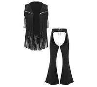 Aislor Men Cowboy Outfit Adult Wide Leg Pants Open Front Vest With Tassel For Halloween Party Black XL