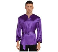 Aislor Men's Liturgical Praise Pullover Dance Top Long Sleeve Satiny Shirt with Belt Purple XL