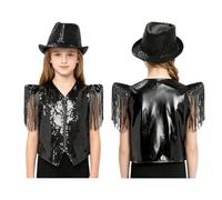 Aislor Unisex Boys Girls Sequin Vest Hat Set Jazz Dance Performance Outfit Waistcoat Stage Show Tops Dance Party Costume Black 9-10 Years