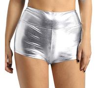Aislor Women Girls Shiny Metallic Liquid Wet Look High-Waisted Dance Booty Dance Shorts Hot Pants Silver M
