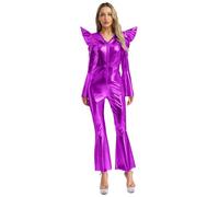 Aislor Womens 70s Disco Costumes Adult Retro Jumpsuit Halloween Costume | One Piece Dance Unitards,Jazz Dance Holiday Carnival Masquerade,Club Night,Shiny Metallic,Front Zip Bell Bottom Hippie Romper