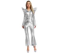 Aislor Womens 70s Disco Costumes Adult Retro Jumpsuit Halloween Costume | One Piece Dance Unitards,Jazz Dance Holiday Carnival Masquerade,Club Night,Shiny Metallic,Front Zip Bell Bottom Hippie Romper