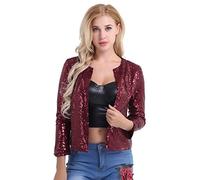 Aislor Women's Mermaid Sequin Blazer Sparkly Long Sleeve Top Open Front Office Blazer Coat Burgundy L