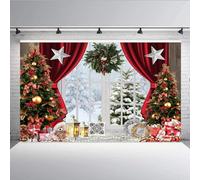 Aisnyho Christmas Backdrop Winter Snow Scene Red Curtain Garland Gifts Tree Xmas Backdrops Background for Photography Family Party Decorations New Year Picture Banner (7x5FT)