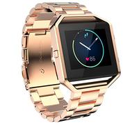 AISPORTS Compatible for Fitbit Blaze Strap with Frame for Women Men, Stainless Steel Adjustable Solid Metal Wristband Bracelet Replacement Band for Fitbit Blaze Smart Watch, Rose Gold