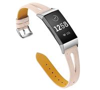 AISPORTS Compatible for Fitbit Charge 4/Charge 3 Strap Leather for Women, Soft Slim Hollow Breathable Leather Sport Wristband Metal Buckle Bracelet Replacement Band for Fitbit Charge 4/3